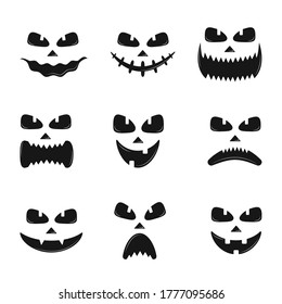 Set of pumpkin faces silhouette icons for Halloween isolated on white background. Scary pumpkin devil smile, spooky jack o lanter. Vector illustration in flat style.