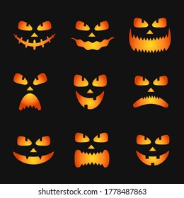 Set of pumpkin faces silhouette icons for Halloween isolated on black background. Scary pumpkin devil smile, spooky jack o lanter. Vector illustration in flat style.