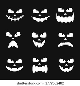 Set of pumpkin faces silhouette icons for Halloween isolated on black background. Scary pumpkin devil smile, spooky jack o lanter. Vector illustration in flat style.