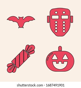 Set Pumpkin , Flying bat , Hockey mask  and Candy  icon. Vector