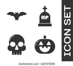 Set Pumpkin , Flying bat , Skull  and Tombstone with RIP icon. Vector