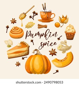 Set pumpkin food and drinks made from pumpkin spices. Isolate on a white background, hand drawing, vector.