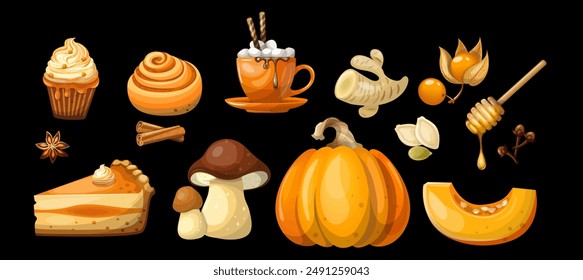 Set de alimentos y bebidas de calabaza hechos de especias de calabaza. Aislar sobre un fondo blanco, dibujo a mano, Vector.