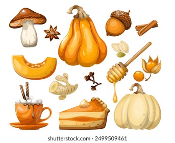 Set pumpkin food and drinks made from pumpkin spices. Isolate on a white background, hand drawing, vector.