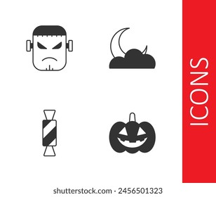 Set Pumpkin, Frankenstein face, Candy and Moon stars icon. Vector