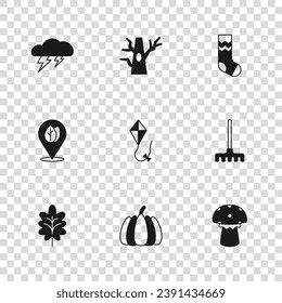 Set Pumpkin, Garden rake, Mushroom, Kite, Socks, Cloud and lightning, Bare tree and Location with leaf icon. Vector