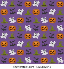 Set with pumpkin, ghost, bats and witch hat. Helloween. For gift paper, textiles, clothes, social networks, wallpaper, prints, festive decor. Vector illustration.