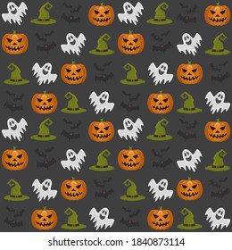 Set with pumpkin, ghost, bats and witch hat . Helloween. Vector illustration. or gift paper, textiles, clothes, social networks, wallpaper, prints, festive decor.