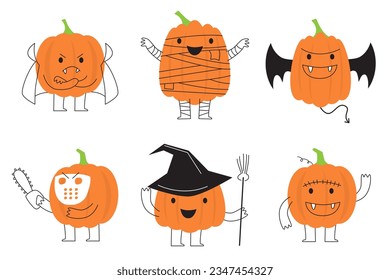 Set of pumpkin with halloween costume . line art cartoon character design . Vector .