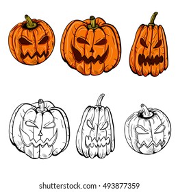 set of pumpkin halloween line orange vector creepy evil cartoon