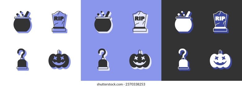 Set Pumpkin, Halloween witch cauldron, Pirate hook and Tombstone with RIP written icon. Vector