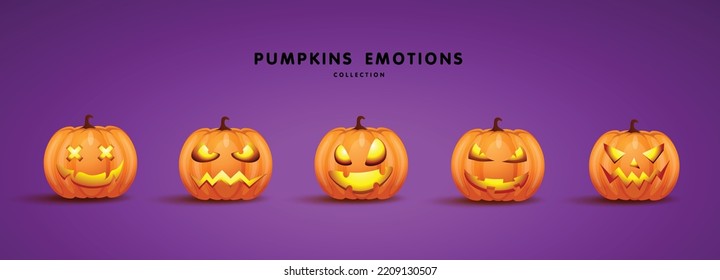 Set of pumpkin for holiday Halloween. Orange pumpkins with cut scary good joy smile. Design elements isolated on purple background. Vector illustration