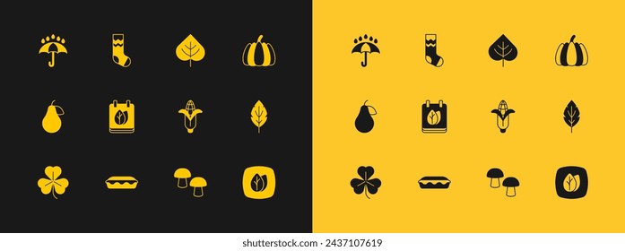 Set Pumpkin, Homemade pie, Corn, Mushroom, Calendar with autumn leaves, Leaf, Umbrella and rain drops and Socks icon. Vector