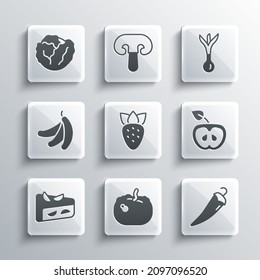 Set Pumpkin, Hot chili pepper, Apple, Strawberry, Homemade fruit pie, Banana, Cabbage and Onion icon. Vector