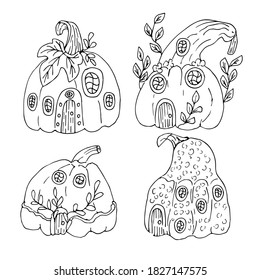 A set of pumpkin houses. 4 pumpkin houses for Halloween in the style of Doodle isolated on a white background. A linear pattern. Coloring pages for children and adults.