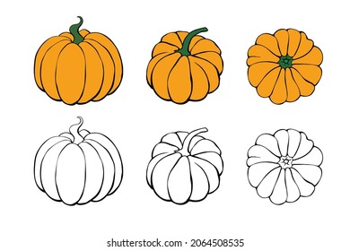Set Kürbis-Symbol einzeln auf weißem Hintergrund. Rahmendoodle und Farbe. Symbol Herbst, Ernte, fruchtbares Jahr. handgezeichnete Vektorgrafik EPS10 Illustration