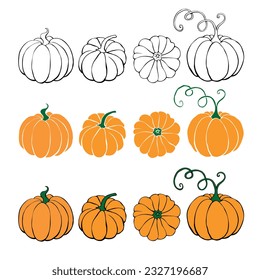 Set of Pumpkin icon in sketch style isolated on white background. Outline doodle. Symbol autumn, crop, fruitful year. Hand drawn vector EPS10 illustration.