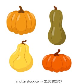 Set of pumpkin icons of different shapes. Vector illustration.