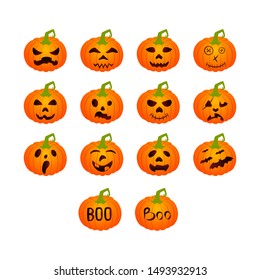 Set of pumpkin icons with emotions, halloween decoration, vector icons.