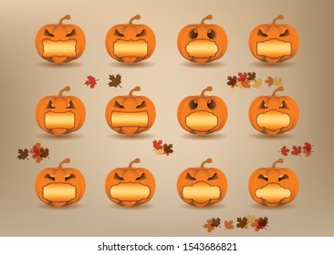 Set of pumpkin icons with maple background ; vector illustration