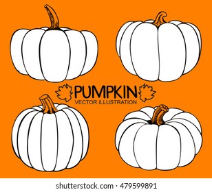 Set pumpkin ink sketch on an orange background. Vegetables vector illustration.