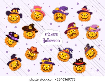 Set of pumpkin jack lantern stickers in funny hats. Isolated items for greeting card design, print, party, decoration, Halloween celebration. Vector illustration. Emotions. hand-drawn drawing
