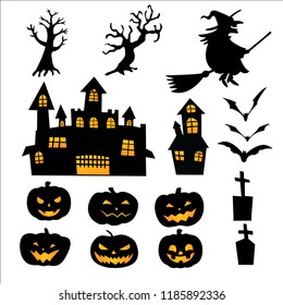 Set of pumpkin lantern , devil tree , castle , bat and wizard banner of halloween, element for design, vector illustration. Silhouette style.