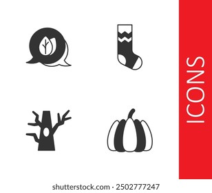 Set Pumpkin, Leaf, Bare tree and Socks icon. Vector