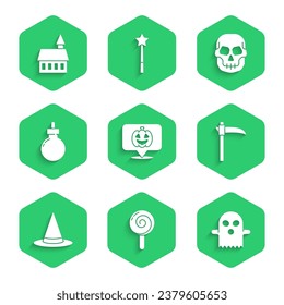 Pumpkin, Lollipop, Ghost, Scythe, Hexenhut, Bombe bereit zu explodieren, Schädel und Schloss Symbol. Vektorgrafik