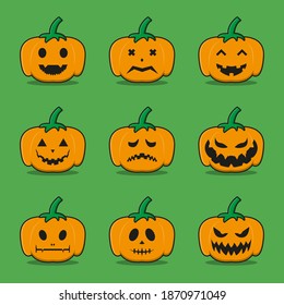 set of pumpkin mascot character. design isolated on green background.