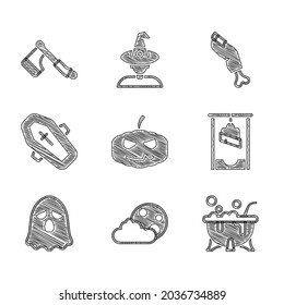 Set Pumpkin, Moon and stars, Halloween witch cauldron, Guillotine, Ghost, Coffin with cross, Zombie finger and Wooden axe icon. Vector