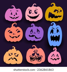 Set pumpkin on black background. Colorful pumpkin with smile for your design for the holiday Halloween. Colored silhouette. Halloween banner background. Vector illustration