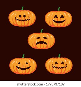 Ponga calabaza en el fondo marrón. Calabaza naranja con sonrisa para tu diseño para la fiesta de Halloween. Ilustración vectorial.