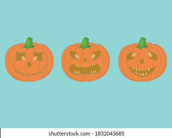 Set pumpkin on cyan background. The main symbol of the Happy Halloween holiday. Orange pumpkin with smile for your design for the holiday Halloween.Vector illustration.
