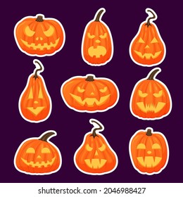 Set pumpkin on dark background. Orange pumpkins with white outline for stickers. Pumpkin with faces, bright holes for your design for the holiday Halloween. Vector illustration.
