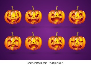 Set pumpkin on dark gradient background. Orange pumpkin with smile for your design for the holiday Halloween. Vector illustration.