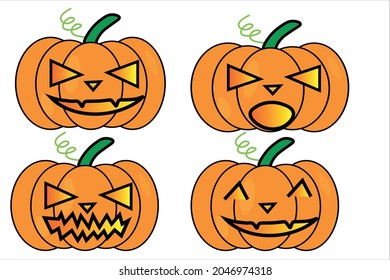 Ponga calabaza en el fondo verde.Calabaza naranja con sonrisa para su diseño para la fiesta de Halloween de vacaciones.Halloween.Icono vector