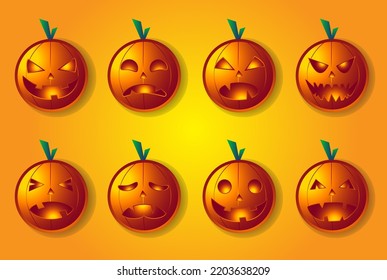 Set pumpkin on orange gradient background. Orange pumpkin with smile for your design for the holiday Halloween. Vector illustration.