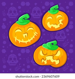Set pumpkin on purple background. Orange pumpkin with smiles for your design for the holiday Halloween. Vector illustration.

