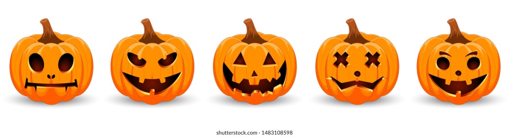 Set pumpkin on white background. The main symbol of the Happy Halloween holiday. Orange pumpkin with smile for your design for the holiday Halloween. Vector illustration.