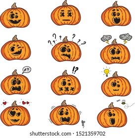 Set pumpkin on white background. The main symbol of the Happy Halloween holiday. Orange pumpkin with emotion for your design for the holiday Halloween. Vector illustration.