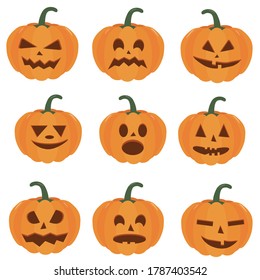 Set pumpkin on white background. Pumpkin with a smile Halloween. Pumpkins isolated vector sign symbol. Web design. Set of Halloween pumpkins with funny faces. Autumn holidays.