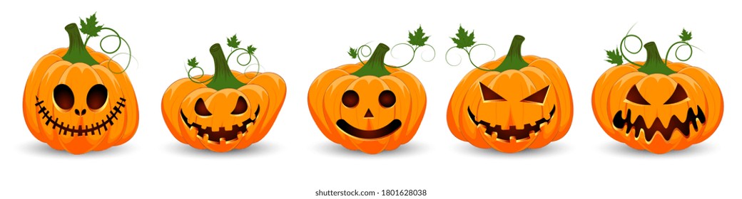 Set pumpkin on white background. The main symbol of the Happy Halloween holiday. Orange pumpkin with smile for your design for the holiday Halloween. Vector illustration.	