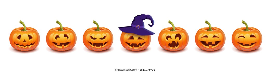 Set pumpkin on white background. The main symbol of the Happy Halloween holiday. Orange pumpkin with smile and witch hat for your design for the holiday Halloween. Vector illustration.