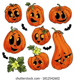 Set pumpkin on white background. The main symbol of the Happy Halloween holiday. Orange pumpkin with smile for your design for the holiday Halloween. Vector illustration.