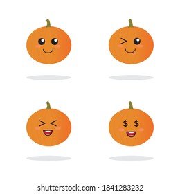 Ponga calabaza en el fondo blanco. Calabaza naranja con emoji sonriente para su diseño para la celebración de Halloween. Ilustración vectorial.
