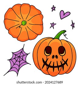 Set pumpkin on white background. The main symbol of the Happy Halloween holiday. Orange pumpkin with smile for your design for the holiday Halloween. Vector illustration.