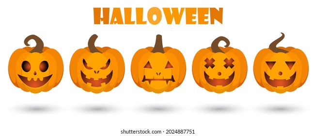 Set pumpkin on white background. Orange pumpkin with smile for your design for the holiday Halloween.