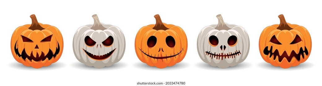 Set pumpkin on white background. The main symbol of the Happy Halloween holiday. Orange and white pumpkin with smile for your design for the holiday Halloween. Vector illustration.