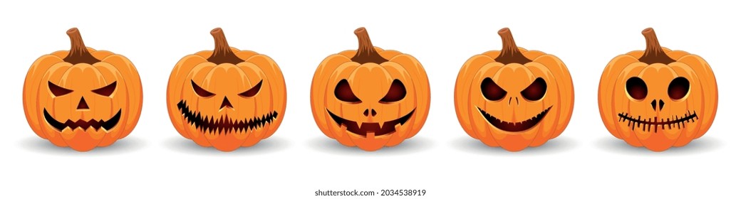 Ponga calabaza en el fondo blanco. El símbolo principal de la fiesta de Halloween Feliz. Calabaza naranja con sonrisa para tu diseño para la fiesta de Halloween. Ilustración vectorial.